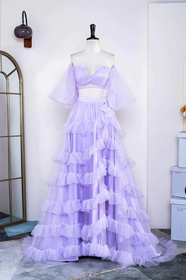 Off the Shoulder Lavender Two Piece Ruffles Long Prom Party Dress With Slit