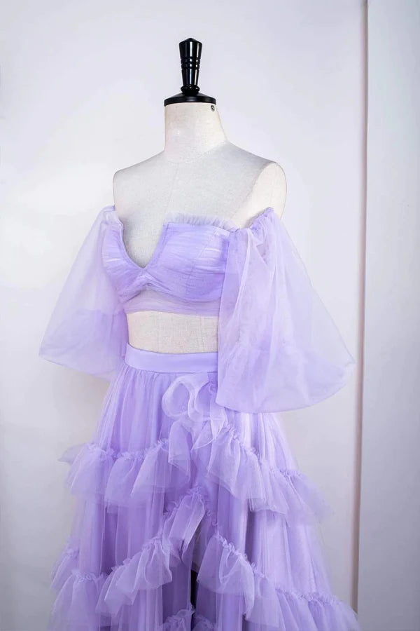 Off the Shoulder Lavender Two Piece Ruffles Long Prom Party Dress With Slit