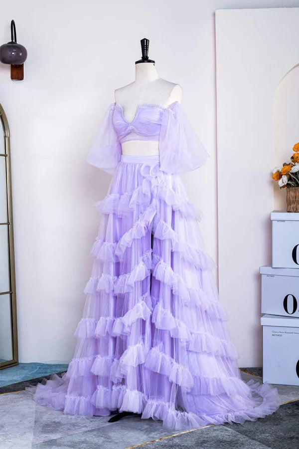 Off the Shoulder Lavender Two Piece Ruffles Long Prom Party Dress With Slit