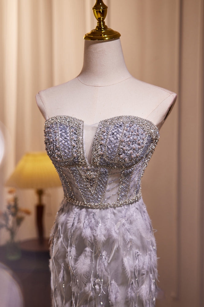 Sparkly Tulle Strapless Mermaid Long Prom Dress With Beading Feather