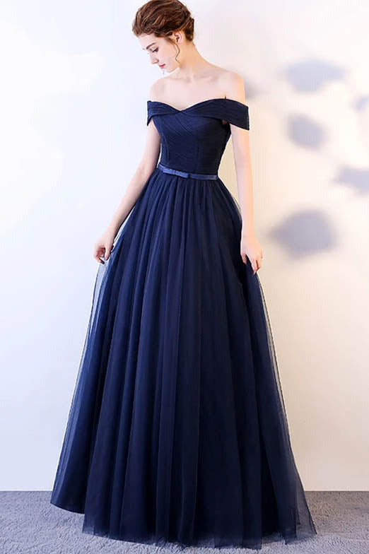 Off the Shoulder Dark Blue Tulle Ruched Long Prom Dress With Belt