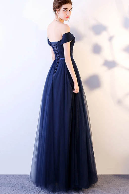 Off the Shoulder Dark Blue Tulle Ruched Long Prom Dress With Belt