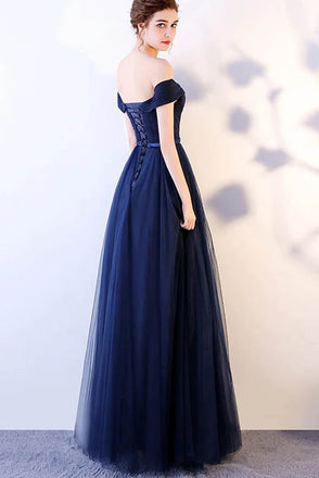 Off the Shoulder Dark Blue Tulle Ruched Long Prom Dress With Belt