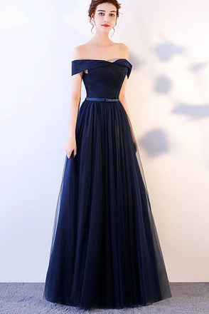 Off the Shoulder Dark Blue Tulle Ruched Long Prom Dress With Belt