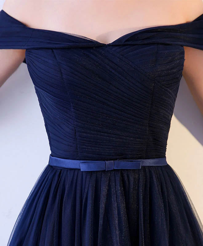 Off the Shoulder Dark Blue Tulle Ruched Long Prom Dress With Belt