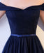 Off the Shoulder Dark Blue Tulle Ruched Long Prom Dress With Belt