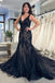 Mermaid Black Tulle V-Neck Prom Dress With Appliques, Trumpet Long Evening Gown