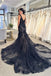 Mermaid Black Tulle V-Neck Prom Dress With Appliques, Trumpet Long Evening Gown