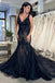 Mermaid Black Tulle V-Neck Prom Dress With Appliques, Trumpet Long Evening Gown