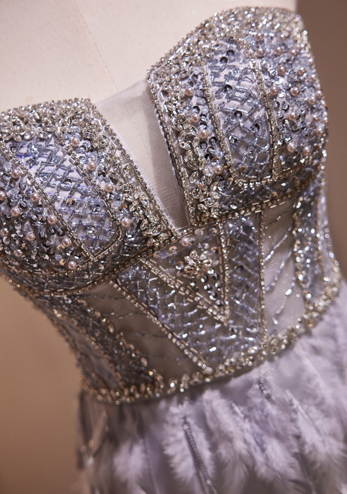 Sparkly Tulle Strapless Mermaid Long Prom Dress With Beading Feather