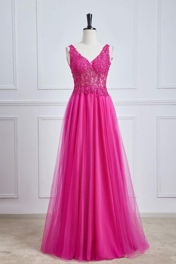 V Neck Fuchsia Lace A Line Prom Dress With Appliques, New Arrival Evening Gown