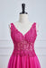 V Neck Fuchsia Lace A Line Prom Dress With Appliques, New Arrival Evening Gown