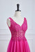 V Neck Fuchsia Lace A Line Prom Dress With Appliques, New Arrival Evening Gown