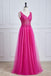 V Neck Fuchsia Lace A Line Prom Dress With Appliques, New Arrival Evening Gown