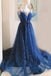 Spaghetti Straps Blue V Neck Sequin Long Prom Dress With Beaded