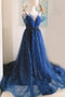 Spaghetti Straps Blue V Neck Sequin Long Prom Dress With Beaded