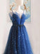 Spaghetti Straps Blue V Neck Sequin Long Prom Dress With Beaded