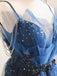 Spaghetti Straps Blue V Neck Sequin Long Prom Dress With Beaded