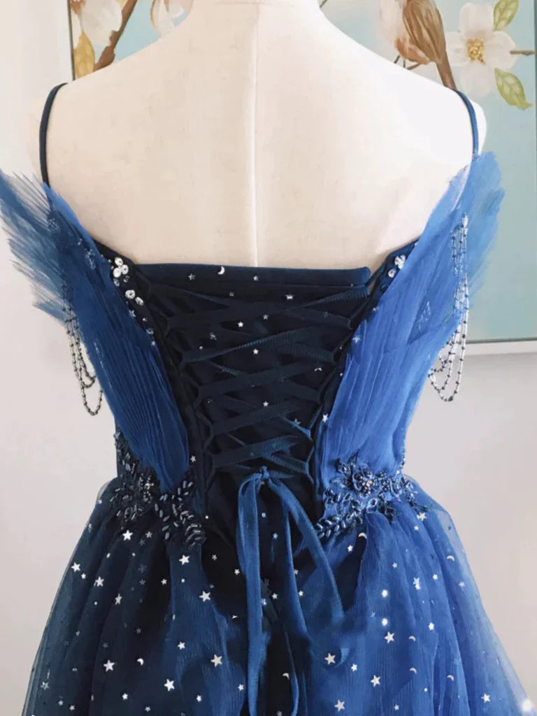 Spaghetti Straps Blue V Neck Sequin Long Prom Dress With Beaded