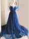 Spaghetti Straps Blue V Neck Sequin Long Prom Dress With Beaded