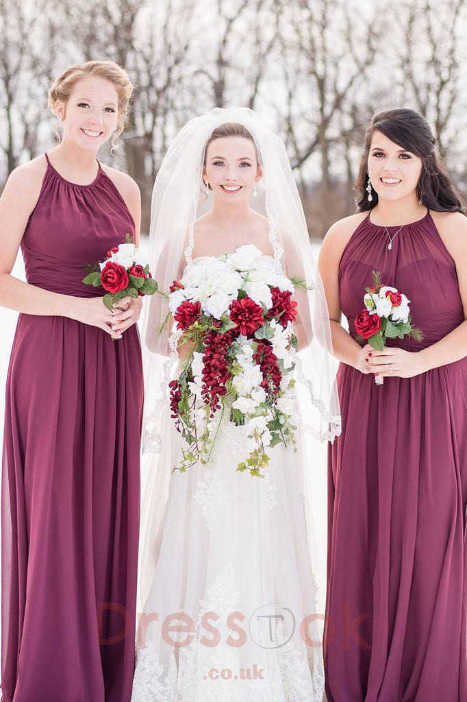 Graceful Halter Neck Burgundy A-Line Chiffon Long Bridesmaid Gowns