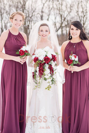 Graceful Halter Neck Burgundy A-Line Chiffon Long Bridesmaid Gowns