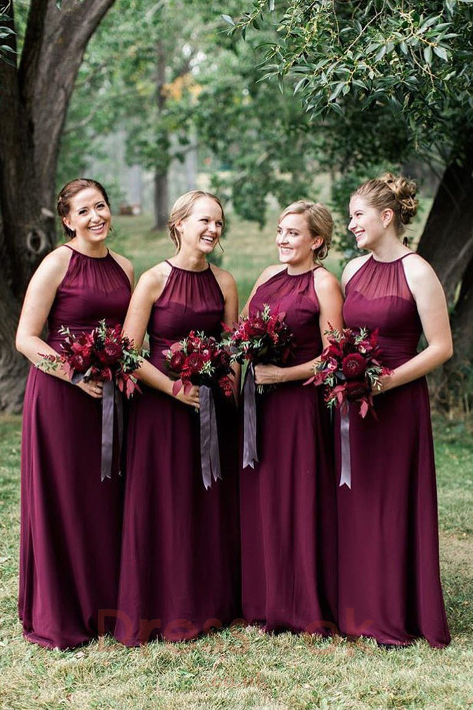 Graceful Halter Neck Burgundy A-Line Chiffon Long Bridesmaid Gowns