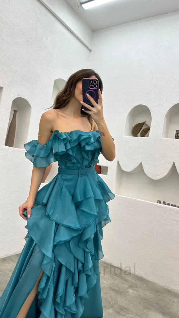 Off Shoulder Blue Short Sleeves A-line Long Prom Dress With Ruffles Slit