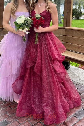Fuchsia Glitter Tulle Prom Dress, A-Line Tiered Ruffle Ball Gown with Spaghetti Straps