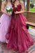 Fuchsia Glitter Tulle Prom Dress, A-Line Tiered Ruffle Ball Gown with Spaghetti Straps