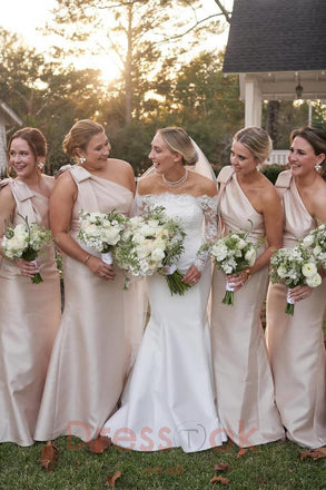 Mermaid Pink One Shoulder Long Bridesmaid Gowns with Bow Strap