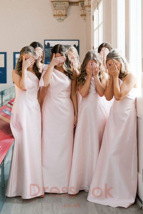 Mermaid Pink One Shoulder Long Bridesmaid Gowns with Bow Strap