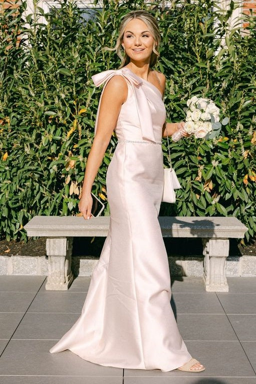 One Shoulder Light Blue Satin Long Bridesmaid Dresses with Box