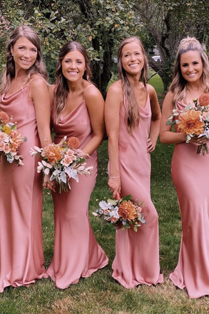 Spaghetti Straps Blush Pink Cowl Neck Long Bridesmaid Dresses