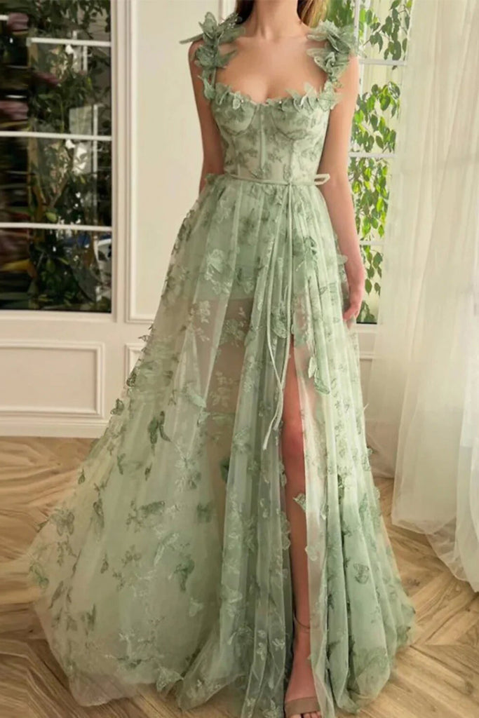 A Line Sage Sweep Train Pleats Slit Tulle Long Prom Dress With Appliques