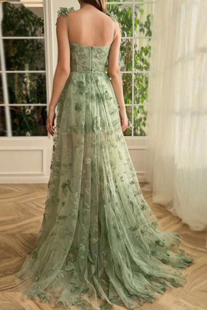 A Line Sage Sweep Train Pleats Slit Tulle Long Prom Dress With Appliques