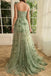 A Line Sage Sweep Train Pleats Slit Tulle Long Prom Dress With Appliques