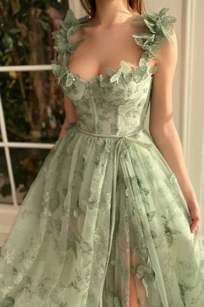 A Line Sage Sweep Train Pleats Slit Tulle Long Prom Dress With Appliques