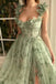 A Line Sage Sweep Train Pleats Slit Tulle Long Prom Dress With Appliques