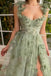 A Line Sage Sweep Train Pleats Slit Tulle Long Prom Dress With Appliques