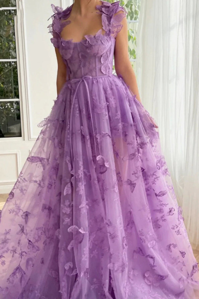 A Line Sage Sweep Train Pleats Slit Tulle Long Prom Dress With Appliques