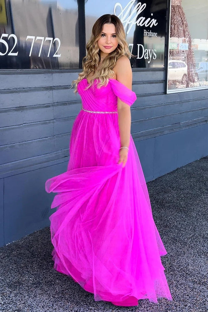 Sweetheart Fuchsia Long Prom Dress With Pleated, Tulle Beaded Party Dress