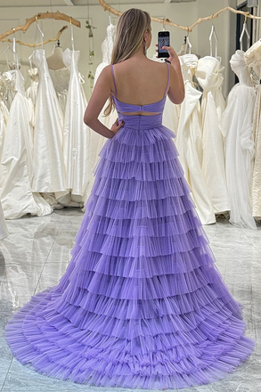 Spaghetti Straps Purple Slit Prom Dress A Line Evening Dress with Ruffles