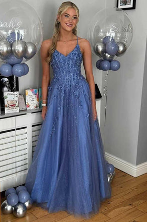 Royal Blue Tulle A-Line Prom Gown Long Evening Dress with Sequin Appliqués