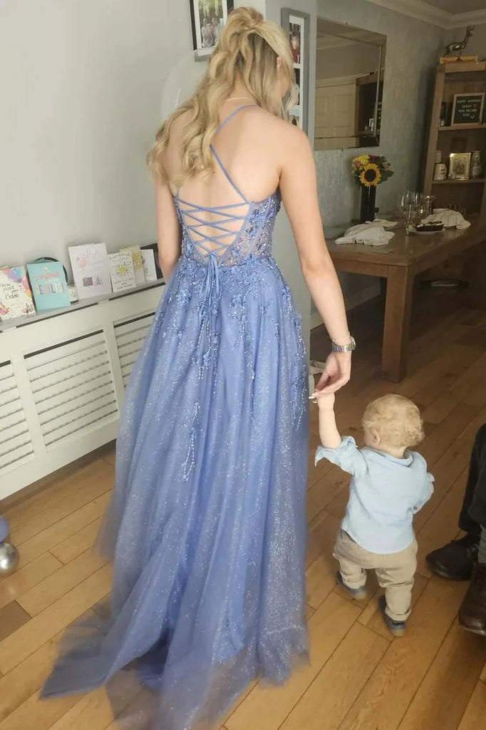 Royal Blue Tulle A-Line Prom Gown Long Evening Dress with Sequin Appliqués