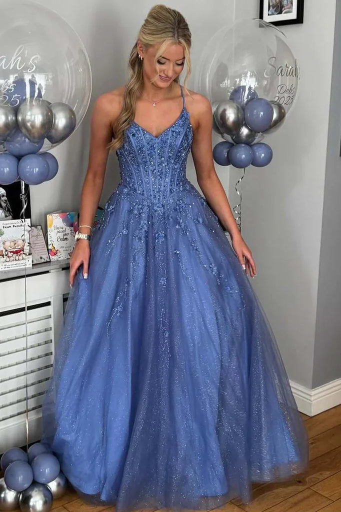 Royal Blue Tulle A-Line Prom Gown Long Evening Dress with Sequin Appliqués