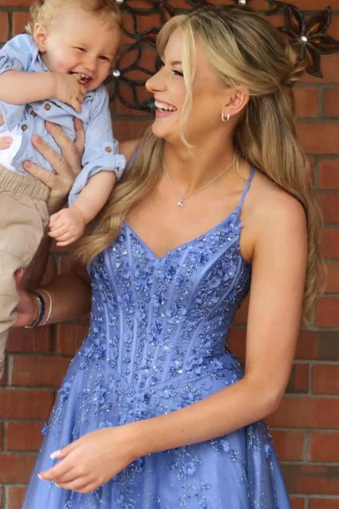 Royal Blue Tulle A-Line Prom Gown Long Evening Dress with Sequin Appliqués