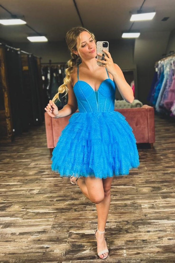 Spaghetti Straps Blue Sweetheart Dress Fuchsia A Line Short Homecoming Dress with Ruffles