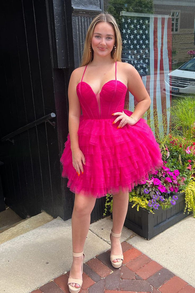 Spaghetti Straps Blue Sweetheart Dress Fuchsia A Line Short Homecoming Dress with Ruffles
