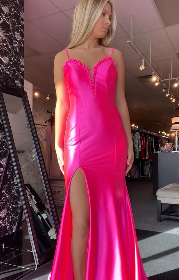 Mermaid Bright Fuchsia Satin Ruffles Long Prom Dress With Skirt Slit